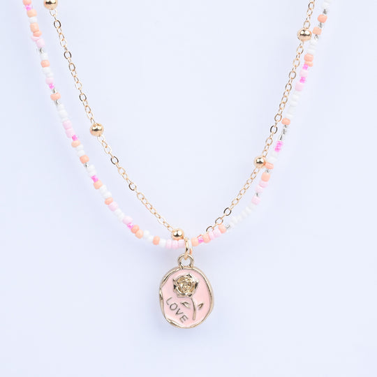 2-in-1 Chain Beads Pink Rose Pendant Necklace