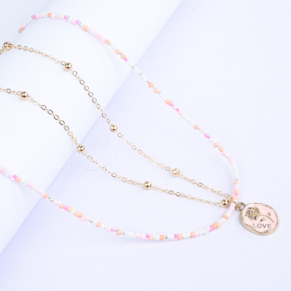2-in-1 Chain Beads Pink Rose Pendant Necklace