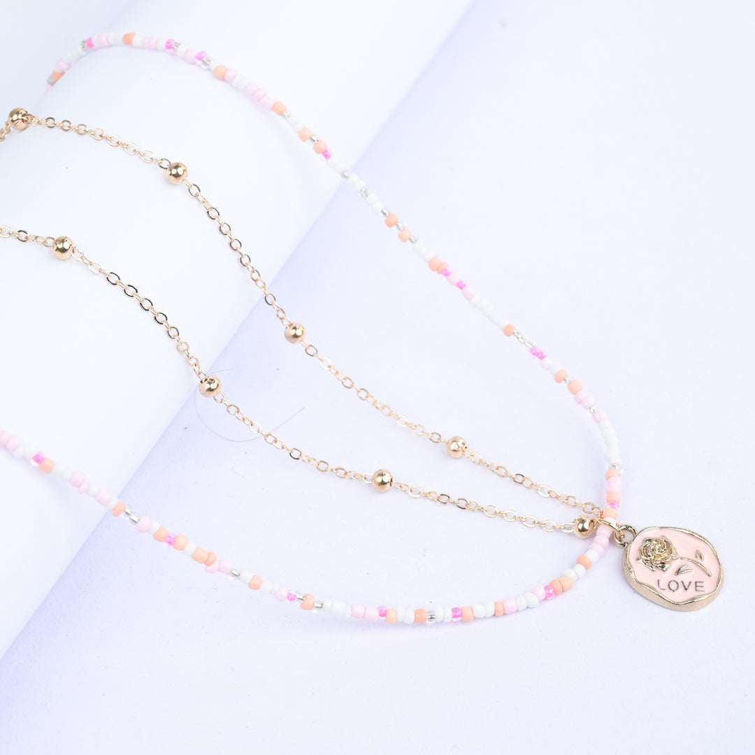 2-in-1 Chain Beads Pink Rose Pendant Necklace