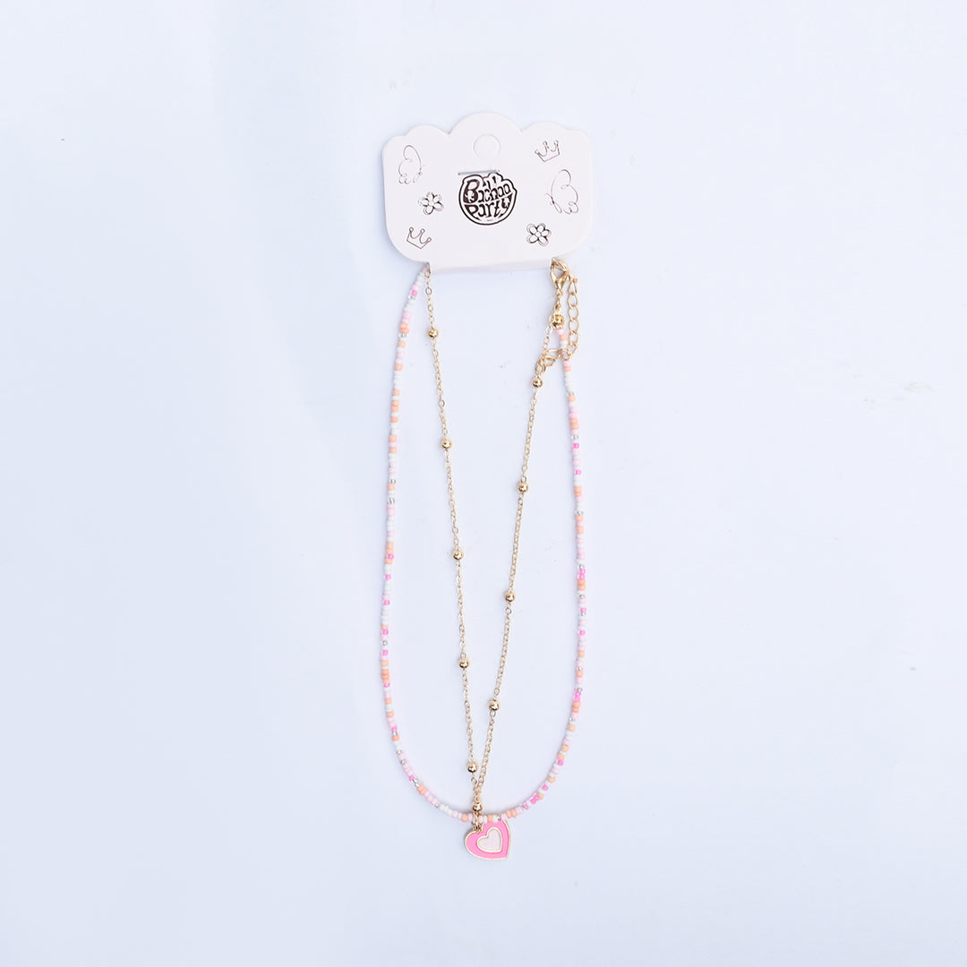 2-in-1 Chain Beads Pink Heart Pendant Necklace