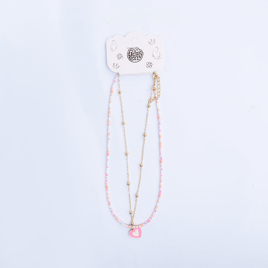 2-in-1 Chain Beads Pink Heart Pendant Necklace