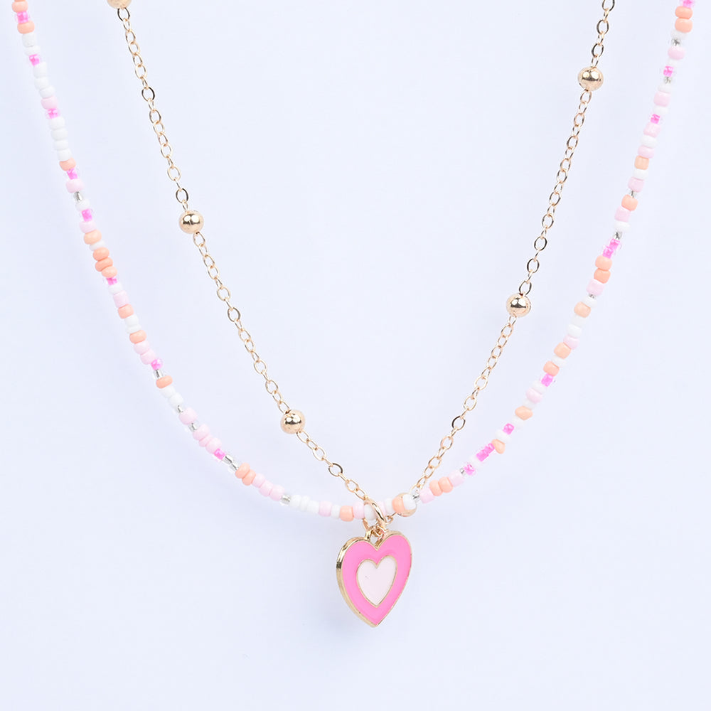 2-in-1 Chain Beads Pink Heart Pendant Necklace