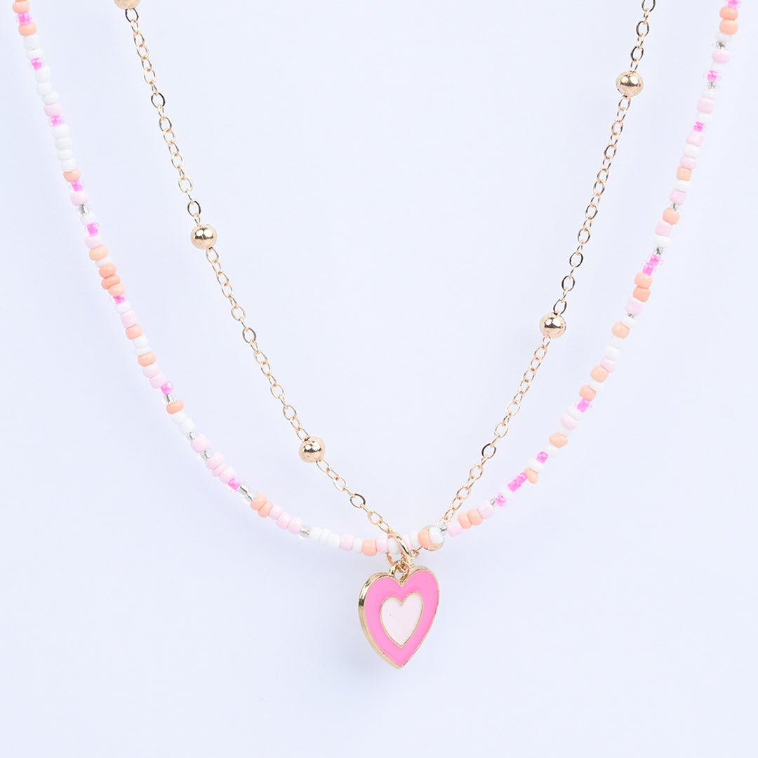 2-in-1 Chain Beads Pink Heart Pendant Necklace