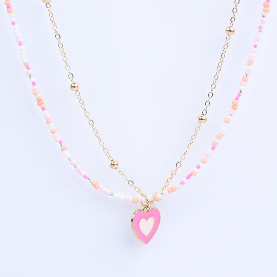 2-in-1 Chain Beads Pink Heart Pendant Necklace
