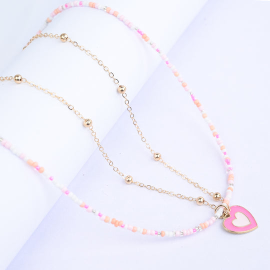 2-in-1 Chain Beads Pink Heart Pendant Necklace