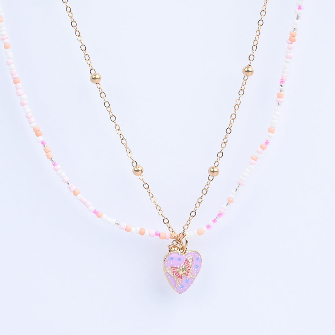 2-in-1 Chain Beads Butterfly Heart Pendant Necklace