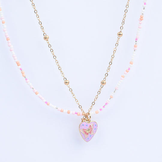 2-in-1 Chain Beads Butterfly Heart Pendant Necklace