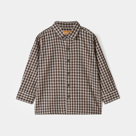 Boys Seersucker Casual Shirt F/S -BROWN