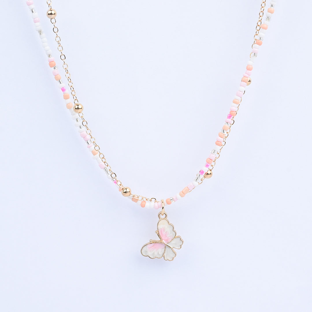 2-in-1 Chain Beads White Butterfly Pendant Necklace