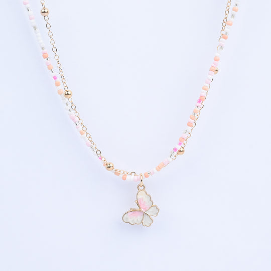 2-in-1 Chain Beads White Butterfly Pendant Necklace