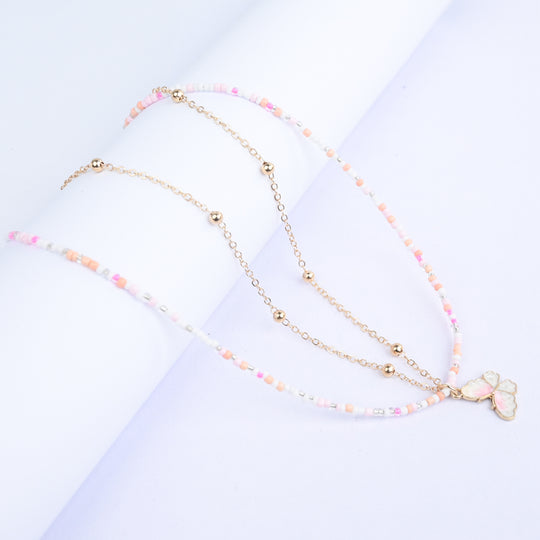 2-in-1 Chain Beads White Butterfly Pendant Necklace