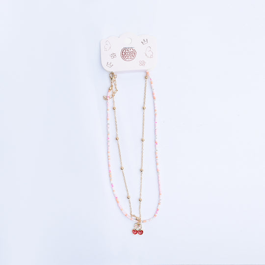 2-in-1 Chain Beads Red Cherry Pendant Necklace