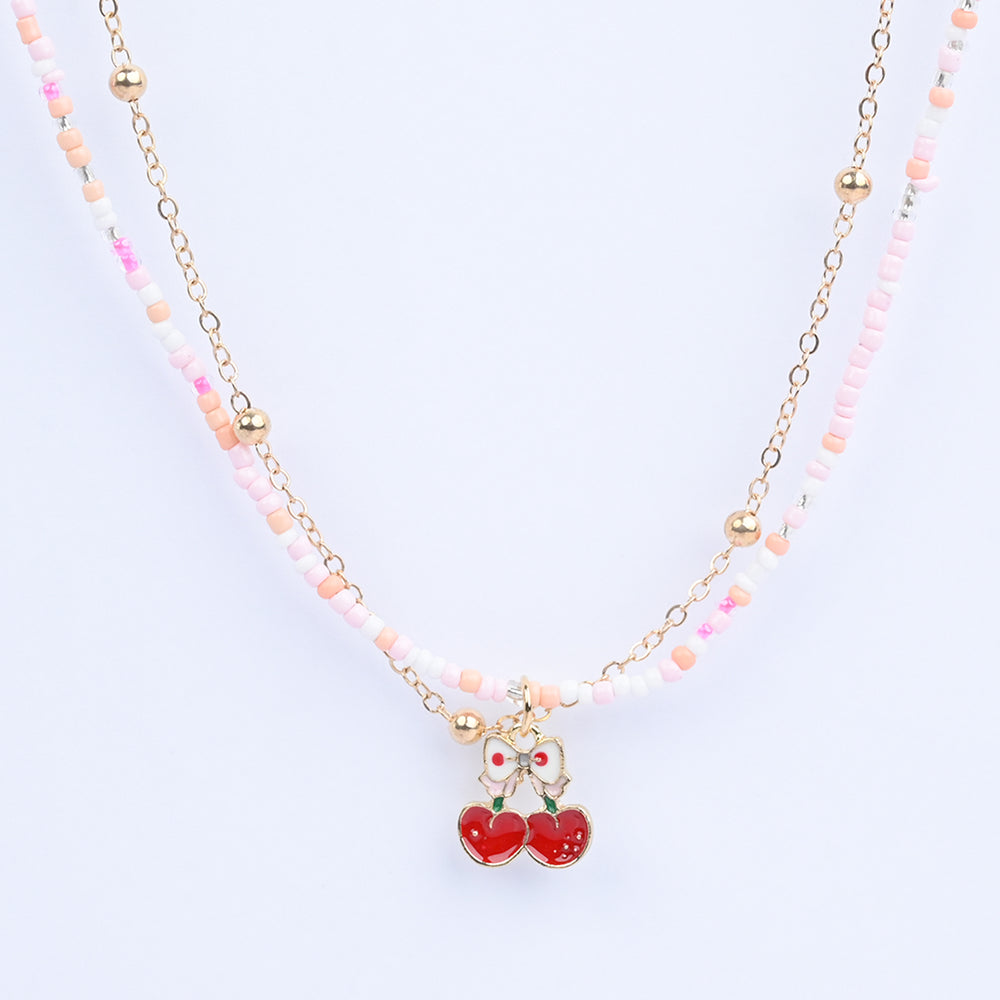2-in-1 Chain Beads Red Cherry Pendant Necklace