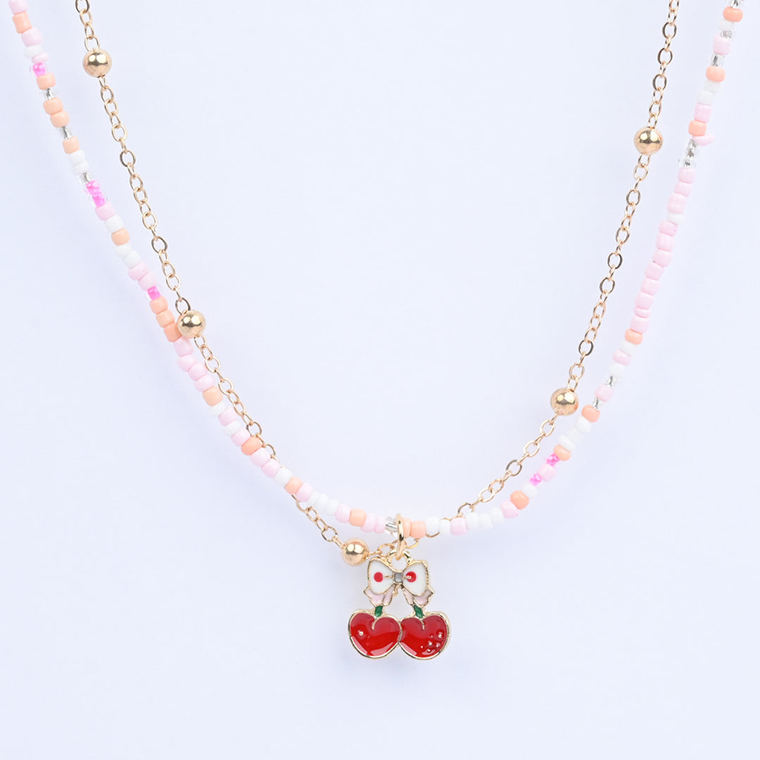 2-in-1 Chain Beads Red Cherry Pendant Necklace