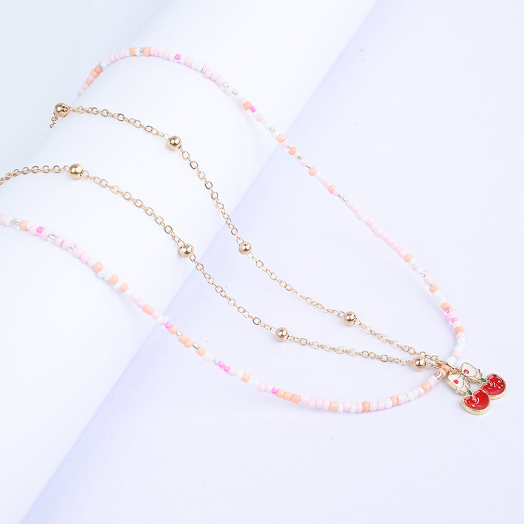 2-in-1 Chain Beads Red Cherry Pendant Necklace
