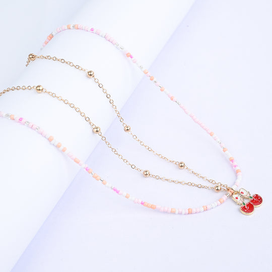 2-in-1 Chain Beads Red Cherry Pendant Necklace