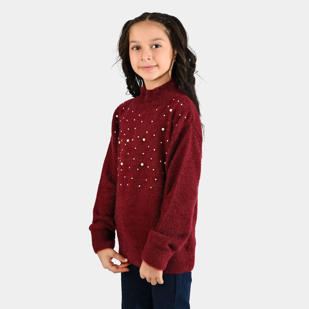 Girls Acrylic-Crystal Feather Sweater-Feather Pearls-MAROON