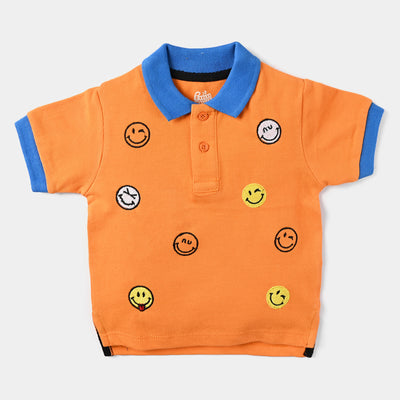 Infant Boys Cotton PK Polo T-shirt Smiley-B. Marigold