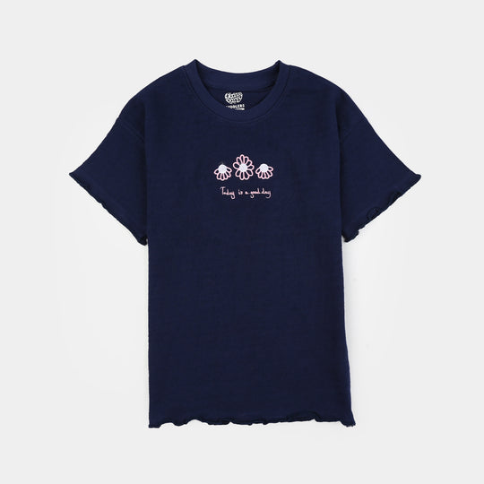 Girls Jersey/Terry S&P T-Shirt (Half Sleeve Good Day) – Navy Blue