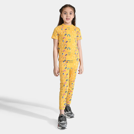 Girls Poly Cotton Jersey Night Suit-Yellow