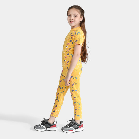 Girls Poly Cotton Jersey Night Suit-Yellow