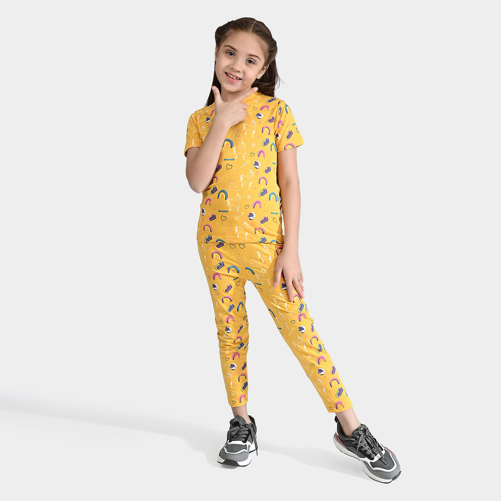 Girls Poly Cotton Jersey Night Suit-Yellow