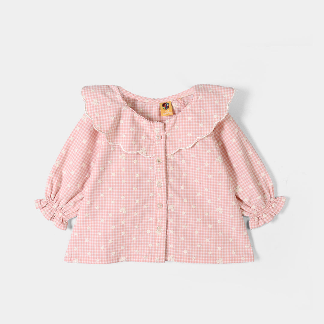 Girls Yarn Dyed Emb Top Floral Check-Peach