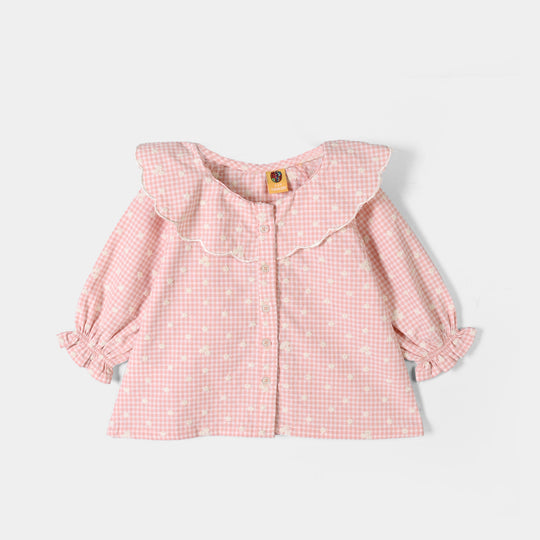 Girls Yarn Dyed Emb Top Floral Check-Peach