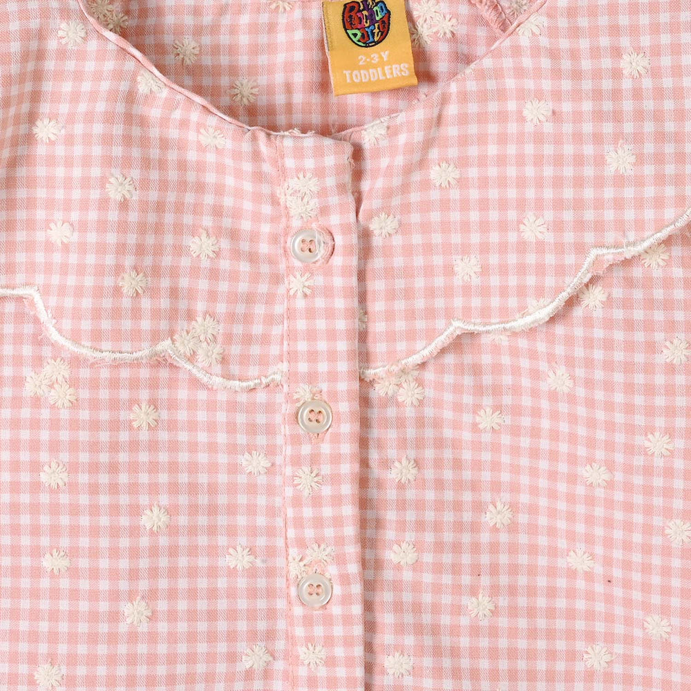 Girls Yarn Dyed Emb Top Floral Check-Peach