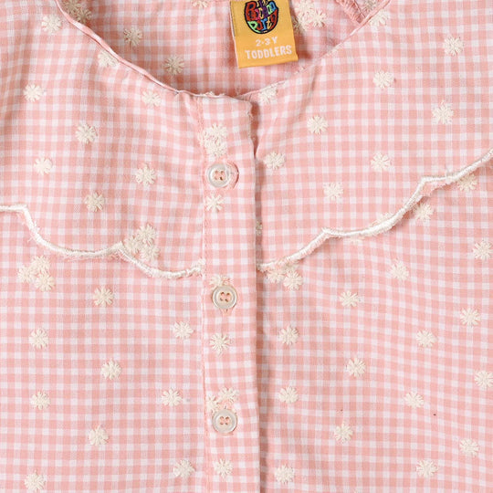 Girls Yarn Dyed Emb Top Floral Check-Peach