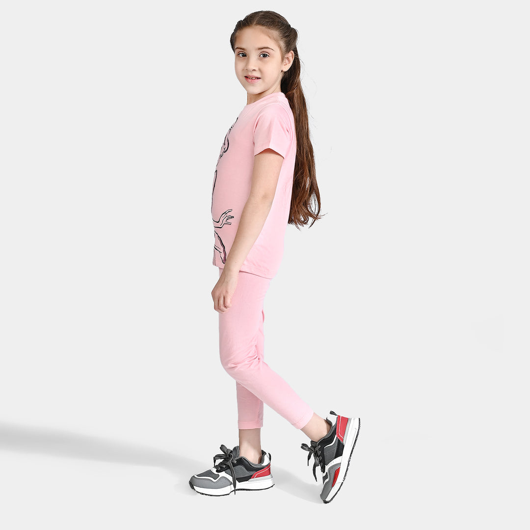 Girls Poly Cotton Jersey Night Suit -Candy Pink