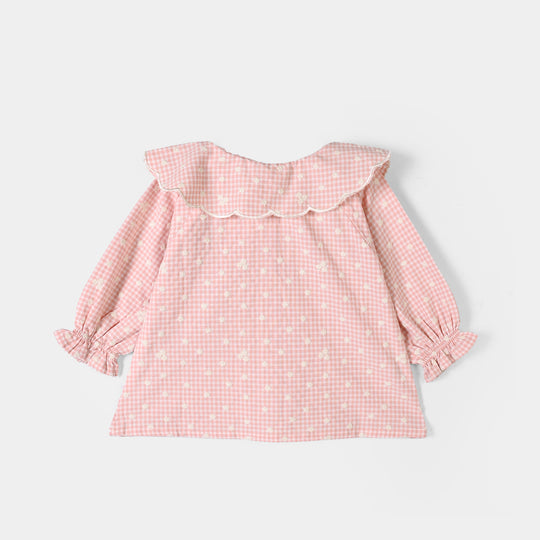 Girls Yarn Dyed Emb Top Floral Check-Peach