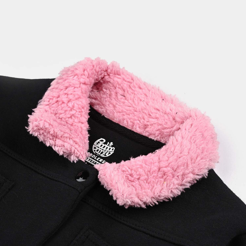 Girls Fleece Knitted Jacket Flowers-Jet.Black