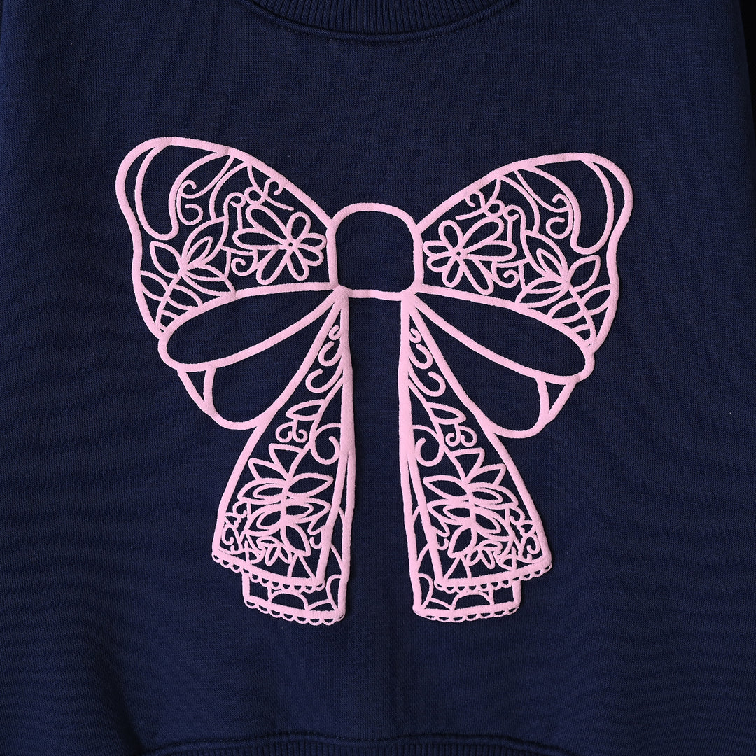 Girls Fleece 2 Piece Suit Lace Bow-NAVY