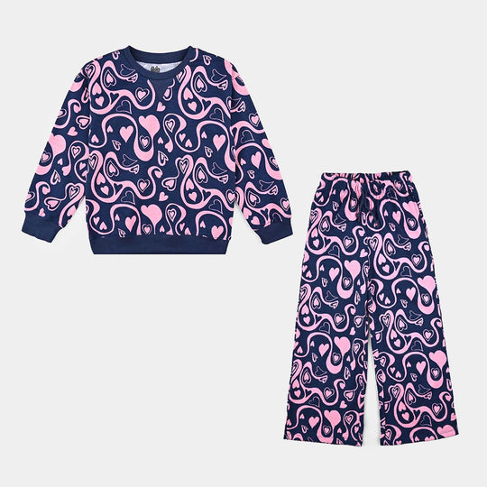 Girls Cotton Terry 2 Piece Suit Hearts-Navy Blue