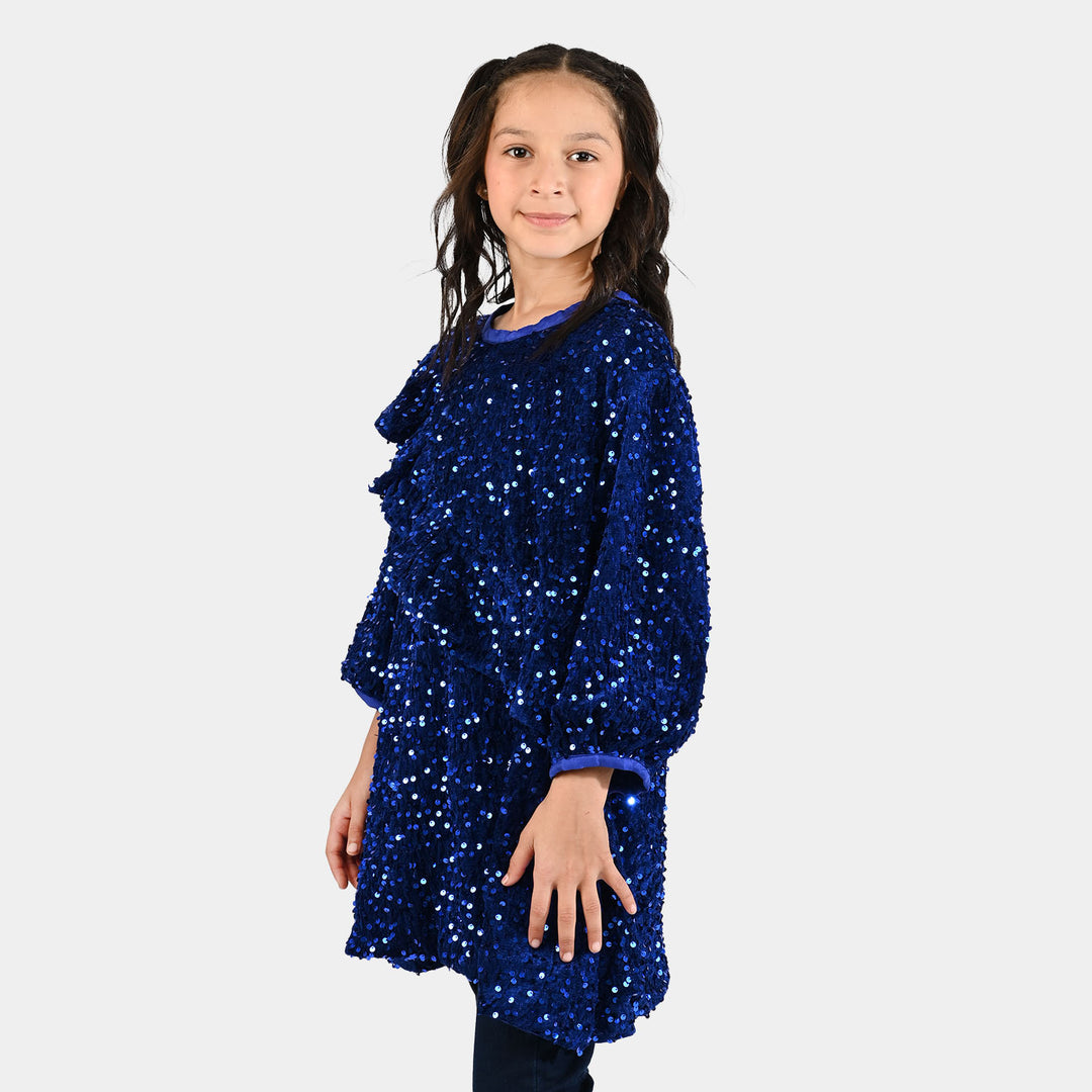 Girls Velvet Dress  Sequence-BLUE