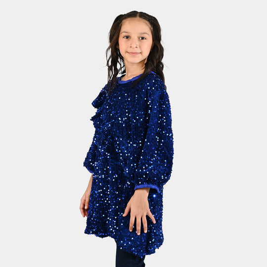 Girls Velvet Dress  Sequence-BLUE