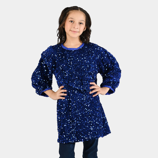 Girls Velvet Dress  Sequence-BLUE