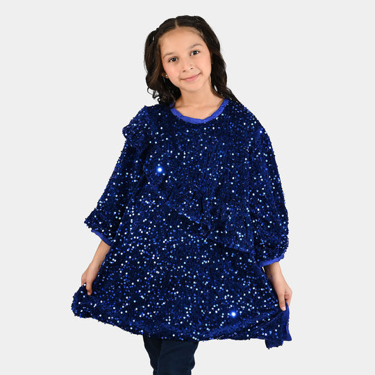 Girls Velvet Dress  Sequence-BLUE