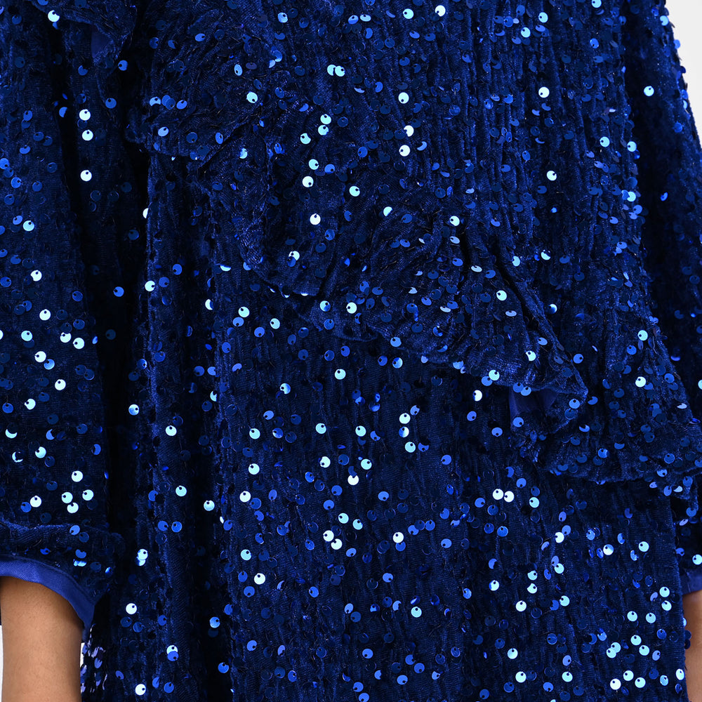 Girls Velvet Dress  Sequence-BLUE