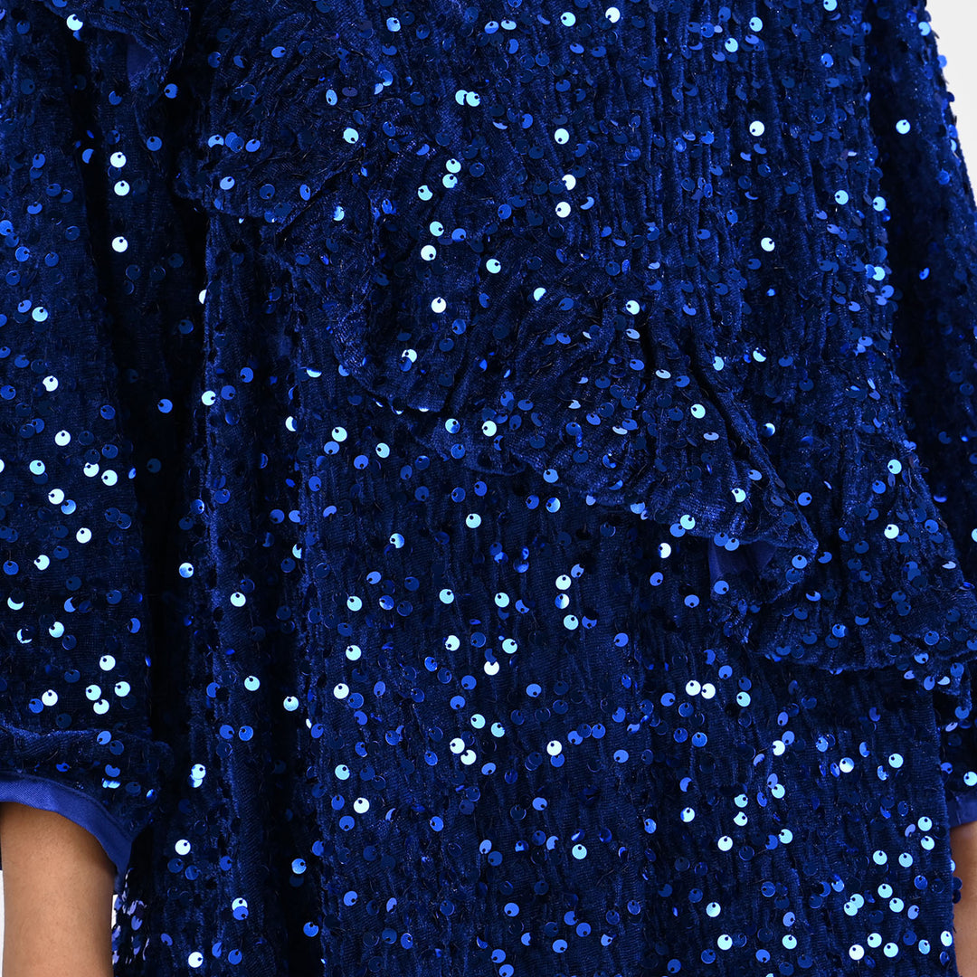 Girls Velvet Dress  Sequence-BLUE