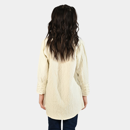 Girls Poly Crinkle Emb Top Purple Flower-White