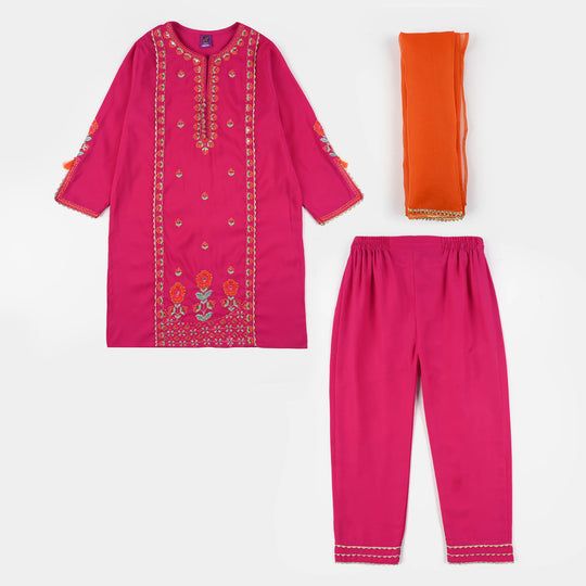 Girls Poly Cambric 3-Piece Set (Rangeen) – Shocking Pink