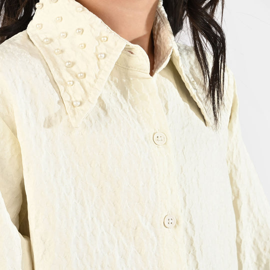 Girls Poly Crinkle Emb Top Purple Flower-White