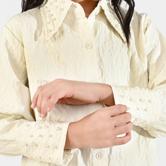 Girls Poly Crinkle Emb Top Purple Flower-White