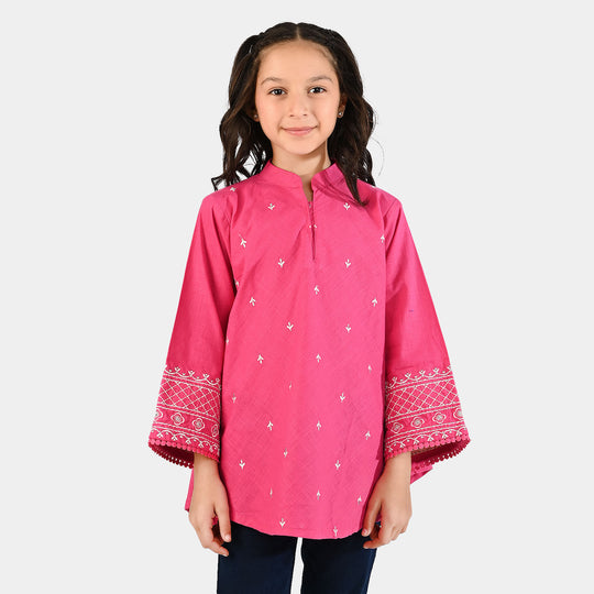 Girls Cotton Slub Emb Top Pink Fusion-Fuchs Rose