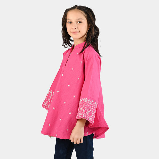 Girls Cotton Slub Emb Top Pink Fusion-Fuchs Rose