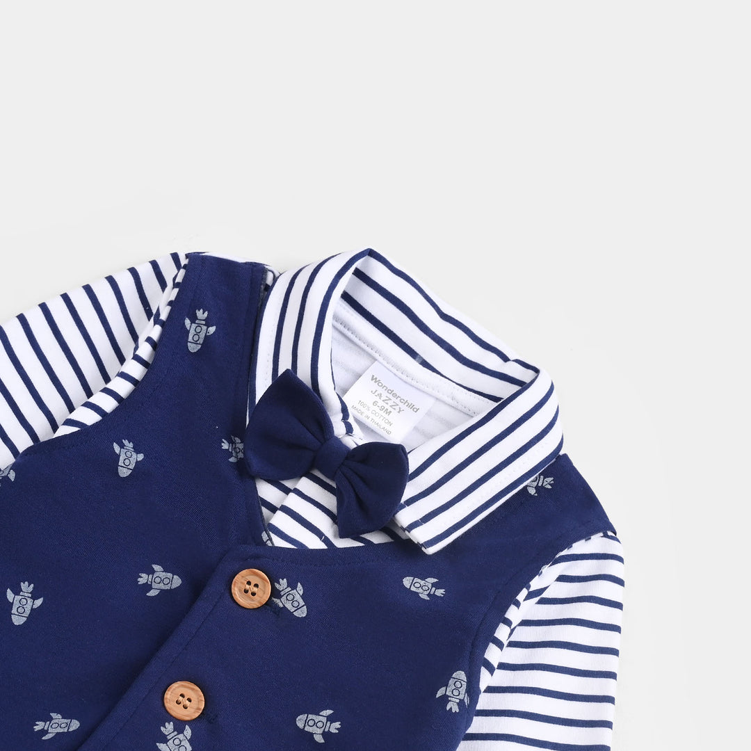 Infant Boys Cotton Interlock Romper-Navy Stripe