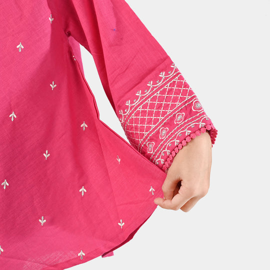 Girls Cotton Slub Emb Top Pink Fusion-Fuchs Rose