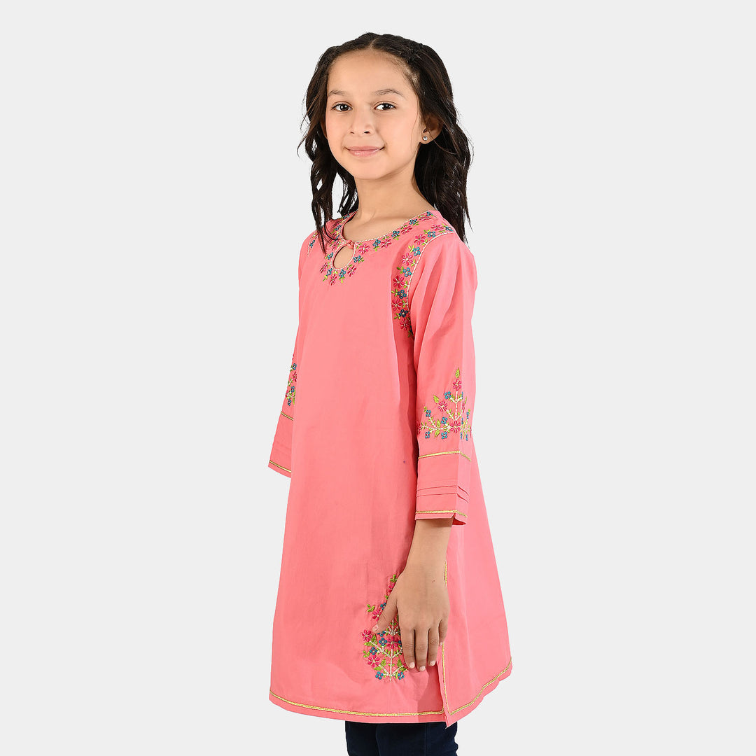Girls Cotton Poplin Emb Kurti - Peach